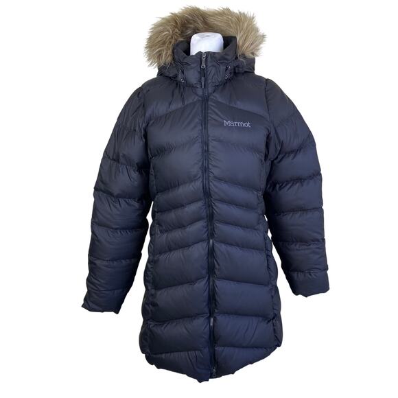 Marmot Womens Sz M Montreal Down Coat 700 Fill Hooded Faux-fur Trim Quilted Warm - Picture 3 of 16